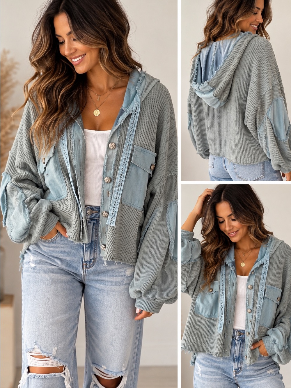 POL Light Blue Hooded Waffle Knit Patchwork Jacket